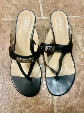 Coach Black Leather Thong Sandals with Silver Logo Accent